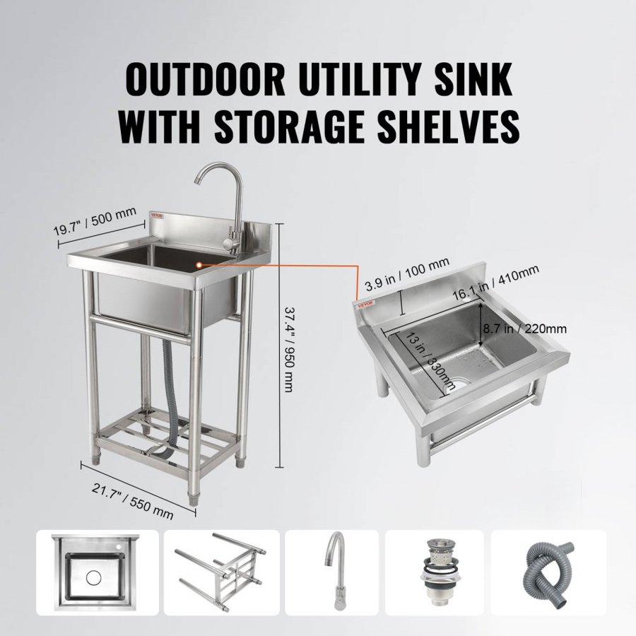 VEVOR Stainless Steel Utility Sink – 40.6x33x22.1 cm Single