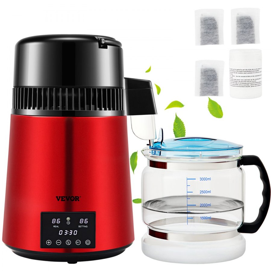 VEVOR Water Distiller, 1 L/H, 4L Distilled Water Maker with 0-99 H Timing, 750W Countertop Water Purifier with Dual Temp Display, Glass Carafe Cleaning Powder 3 Carbon Packs Equipped, FDA Approved, Re