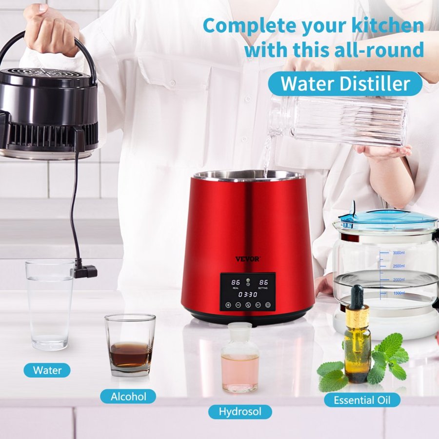 VEVOR Water Distiller, 1 L/H, 4L Distilled Water Maker with 0-99 H Timing, 750W Countertop Water Purifier with Dual Temp Display, Glass Carafe Cleaning Powder 3 Carbon Packs Equipped, FDA Approved, Re