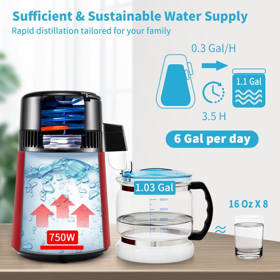 VEVOR Water Distiller, 1 L/H, 4L Distilled Water Maker with 0-99 H Timing, 750W Countertop Water Purifier with Dual Temp Display, Glass Carafe Cleaning Powder 3 Carbon Packs Equipped, FDA Approved, Re