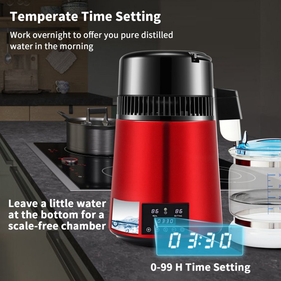 VEVOR Water Distiller, 1 L/H, 4L Distilled Water Maker with 0-99 H Timing, 750W Countertop Water Purifier with Dual Temp Display, Glass Carafe Cleaning Powder 3 Carbon Packs Equipped, FDA Approved, Re