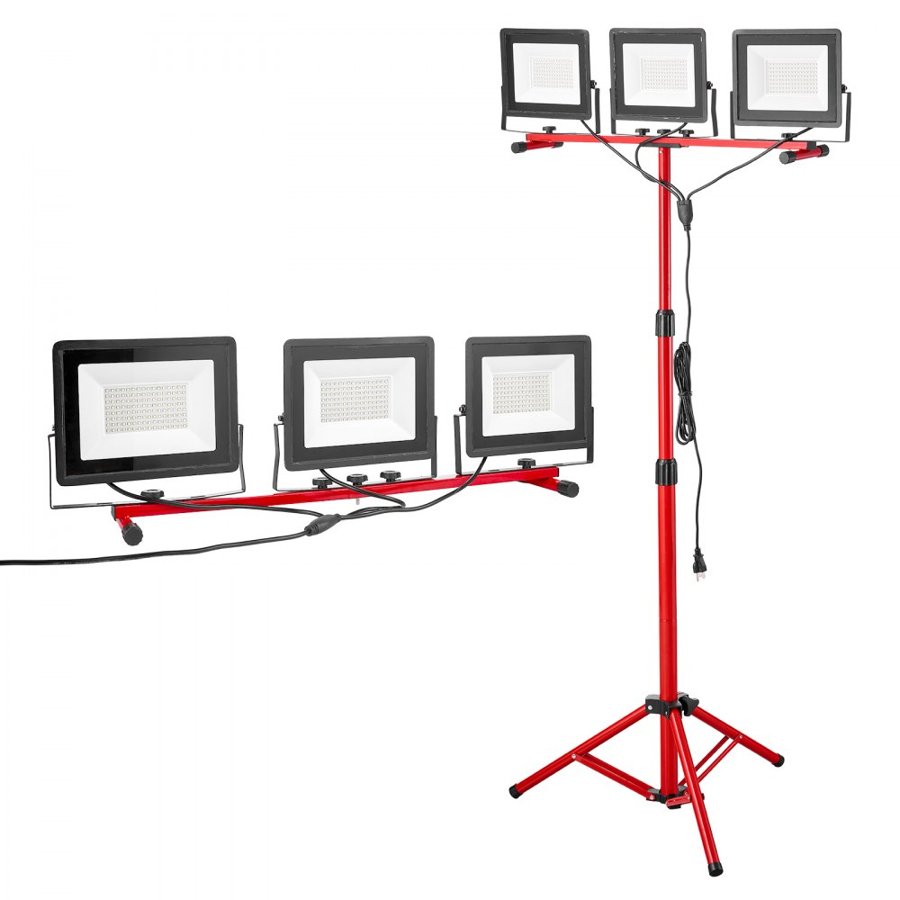 VEVOR LED Work Light with Stand, 15000 Lumens, Three-Head Portable Camping Light with Individual Switch, Tripod Stand, 3.3 m Power Cord, for Indoor Outdoor Job Site Construction, IP65 Waterproof