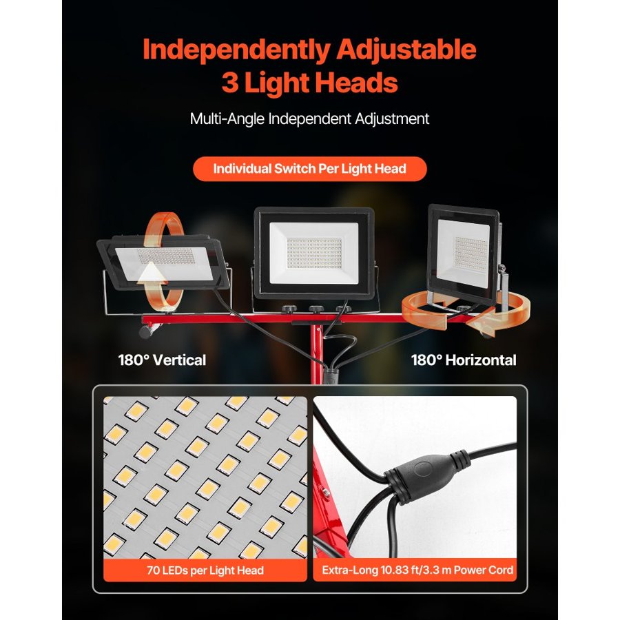 VEVOR LED Work Light with Stand, 15000 Lumens, Three-Head Portable Camping Light with Individual Switch, Tripod Stand, 3.3 m Power Cord, for Indoor Outdoor Job Site Construction, IP65 Waterproof