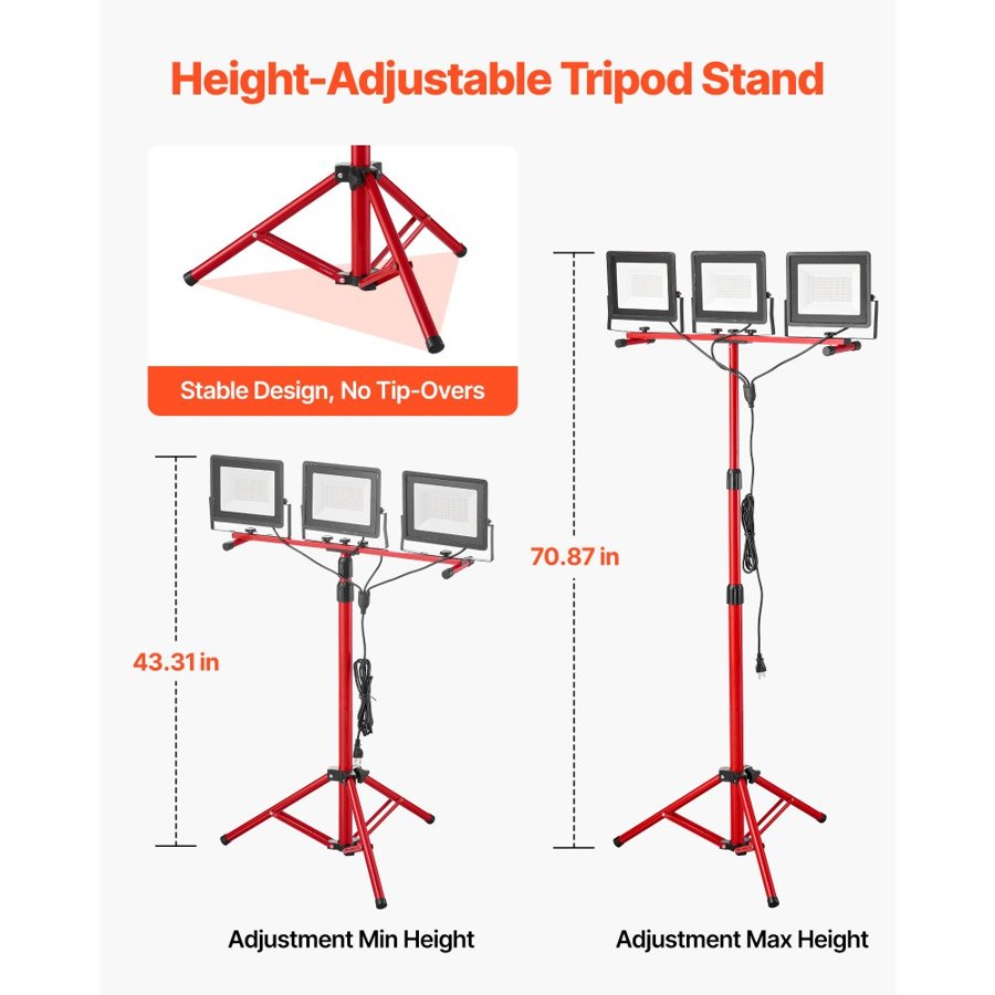 VEVOR LED Work Light with Stand, 15000 Lumens, Three-Head Portable Camping Light with Individual Switch, Tripod Stand, 3.3 m Power Cord, for Indoor Outdoor Job Site Construction, IP65 Waterproof
