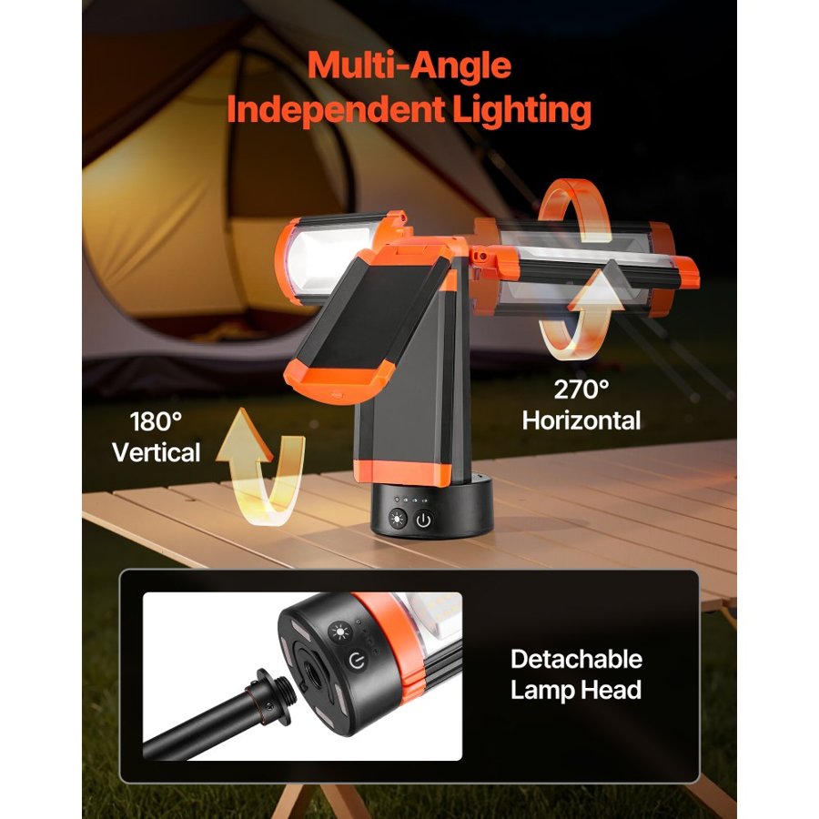 VEVOR LED Work Light with Stand, 6Ah, Rechargeable Cordless Camping Light, with 3 Lamp Heads, Detachable Tripod Stand, 2200 Lumens 3000K-6500K Dimmable, Portable Construction Lighting for Job Site
