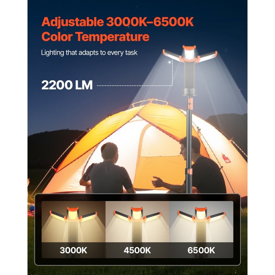 VEVOR LED Work Light with Stand, 8Ah, Rechargeable Cordless Camping Light, with 3 Lamp Heads, Detachable Tripod Stand, 2200 Lumens 3000K-6500K Dimmable, Portable Construction Lighting for Job Site