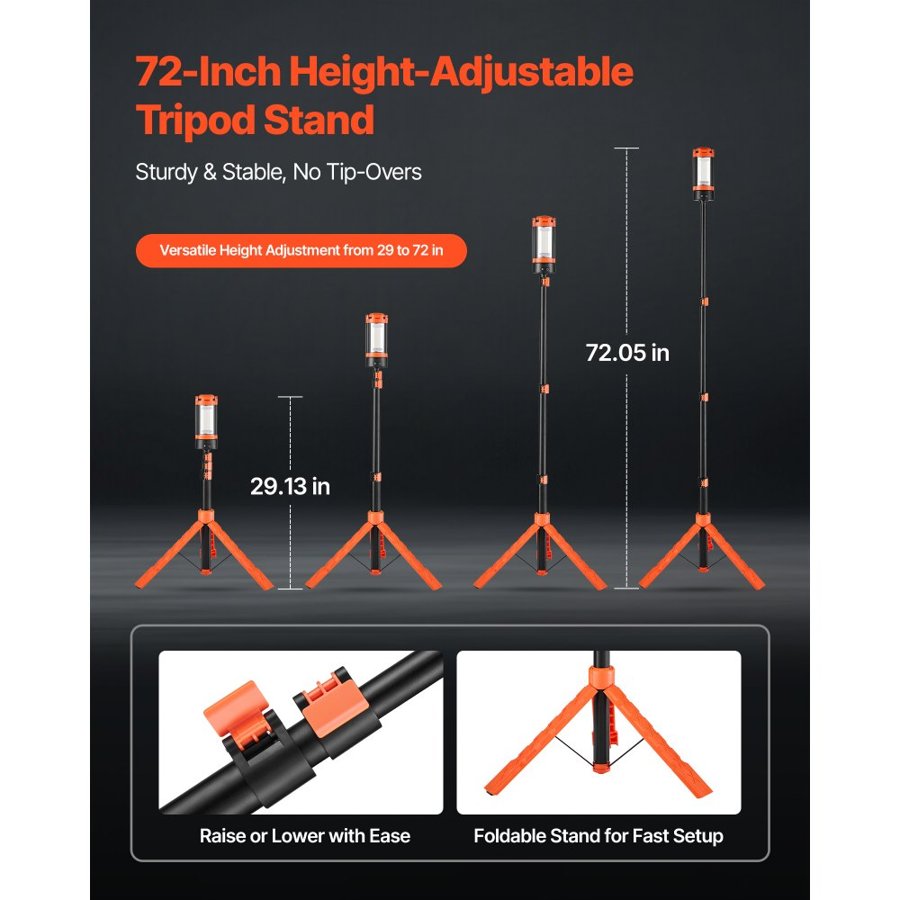 VEVOR LED Work Light with Stand, 8Ah, Rechargeable Cordless Camping Light, with 3 Lamp Heads, Detachable Tripod Stand, 2200 Lumens 3000K-6500K Dimmable, Portable Construction Lighting for Job Site