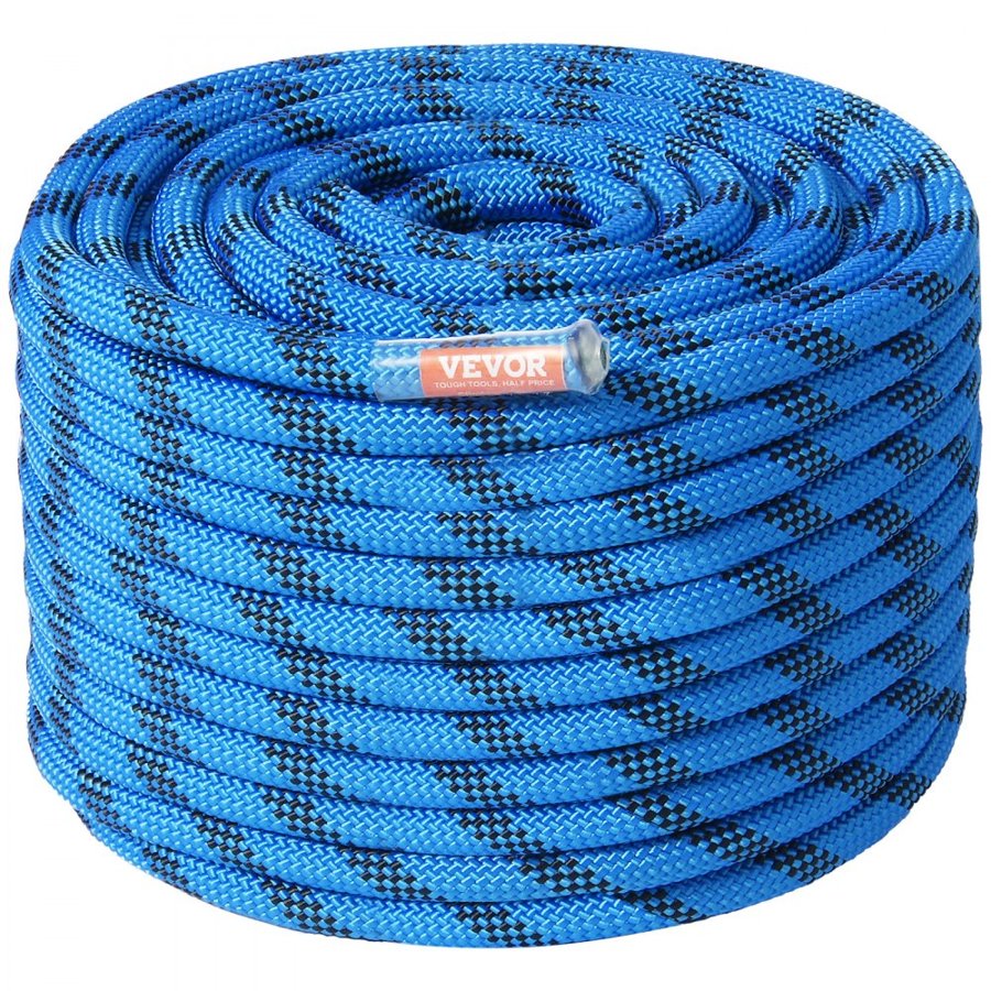 VEVOR 12.7mm Static Climbing Rope, 45.7M(150ft) Outdoor Rock Climbing Rope 30KN Breaking Tension, Fiber Rope with Steel Snap Hooks for Escape, Rappelling, Fire Rescue, Blue