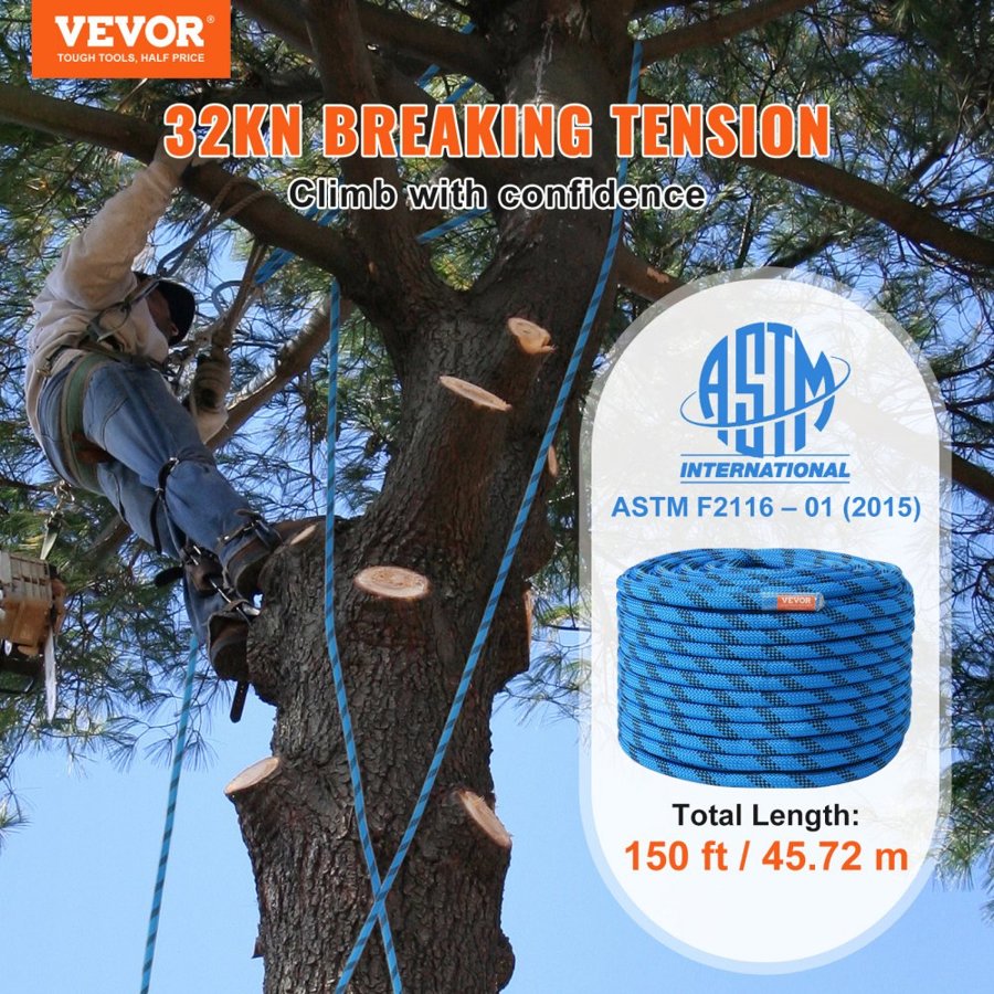 VEVOR 12.7mm Static Climbing Rope, 45.7M(150ft) Outdoor Rock Climbing Rope 30KN Breaking Tension, Fiber Rope with Steel Snap Hooks for Escape, Rappelling, Fire Rescue, Blue