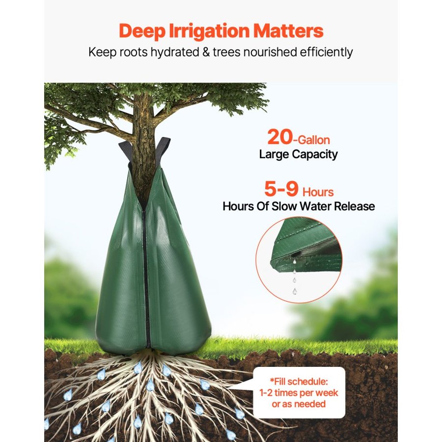 VEVOR Tree Watering Bag, 12 Packs 20 Gallons Watering Bags for New Trees, 5-9 Hours Slow Release Refillable Tree Drip Irrigation Bags with Zipper, Durable Tree Watering System for Deep Root Targeting