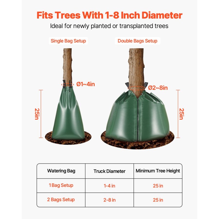 VEVOR Tree Watering Bag, 8 Packs 20 Gallons Watering Bags for New Trees, 5-9 Hours Slow Release Refillable Tree Drip Irrigation Bags with Zipper, Durable Tree Watering System for Deep Root Targeting
