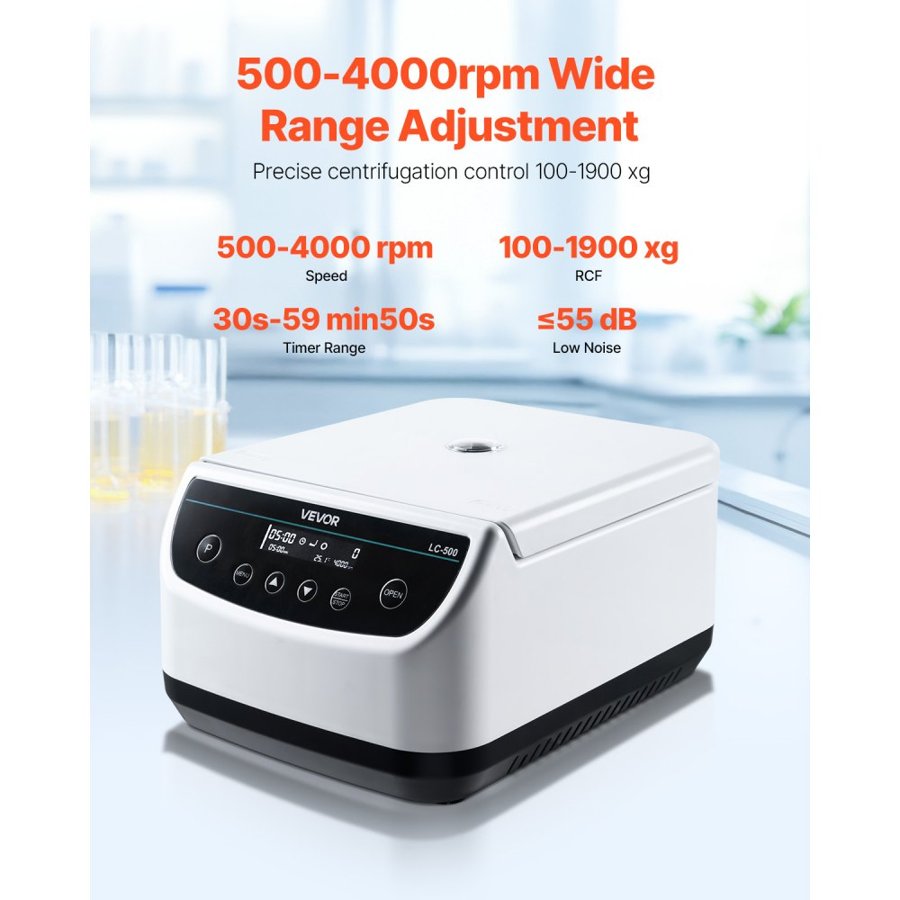 VEVOR Centrifuge Machine, 100-1900xg RCF Electric Laboratory Centrifuge Machine with 1 Rotor for 2/5/10/15ml Tube Capacity, Low Speed 500-4000rpm with Timer, Widely Used in Various Experiments