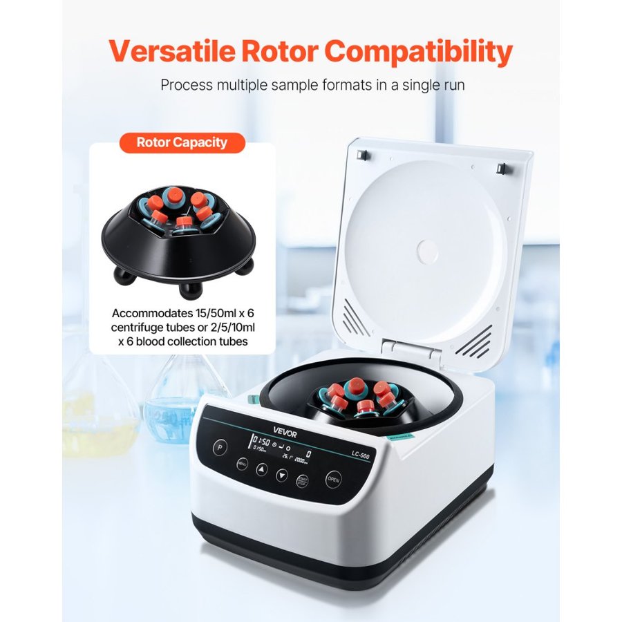 VEVOR Centrifuge Machine, 100-2100xg RCF Electric Laboratory Centrifuge Machine with 1 Rotor for 2/5/10/15/50ml Tube Capacity, Low Speed 500-4000rpm with Timer, Widely Used in Various Experiments