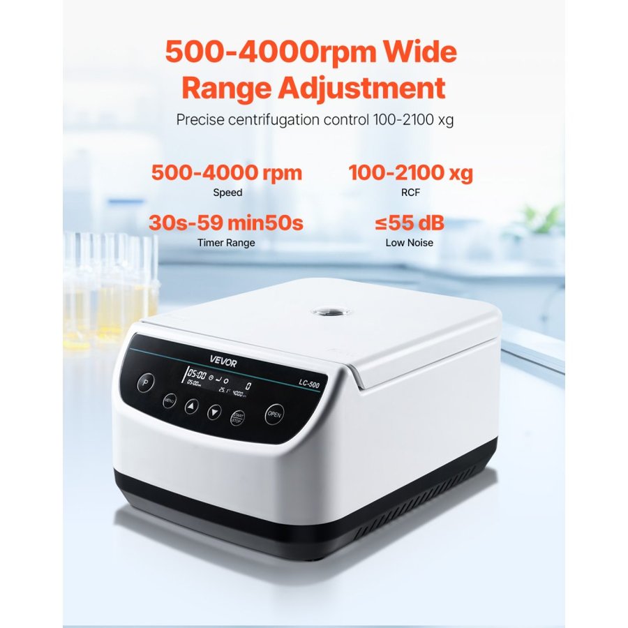 VEVOR Centrifuge Machine, 100-2100xg RCF Electric Laboratory Centrifuge Machine with 1 Rotor for 2/5/10/15/50ml Tube Capacity, Low Speed 500-4000rpm with Timer, Widely Used in Various Experiments