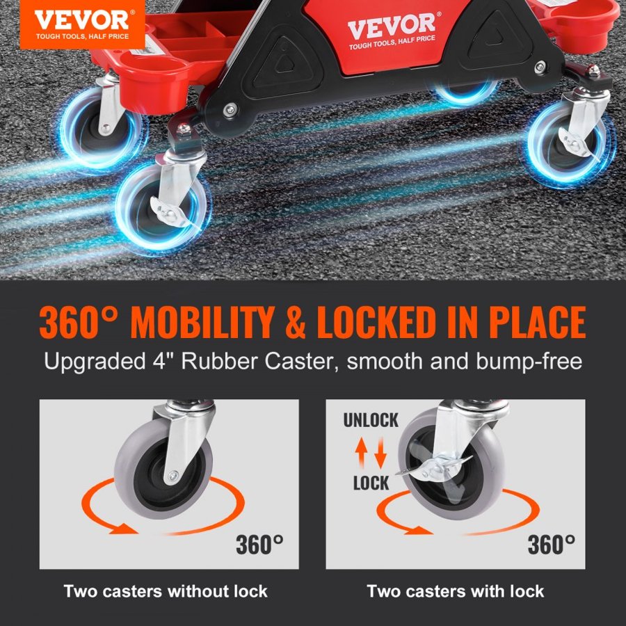 VEVOR Mechanic Rolling Seat – 300 LBS, 4in Wheels, 3 Trays