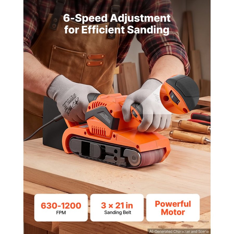 VEVOR 750W Belt Sander 7.6 x 53.3 cm Woodworking Belt Sander 6 Speeds 630-1200 FPM, 2-in-1 Handheld & Benchtop Sanding Machine with 2 Dust Bags, 10PCS Sanding Belts & 2 Clamps for Woodworking Projects