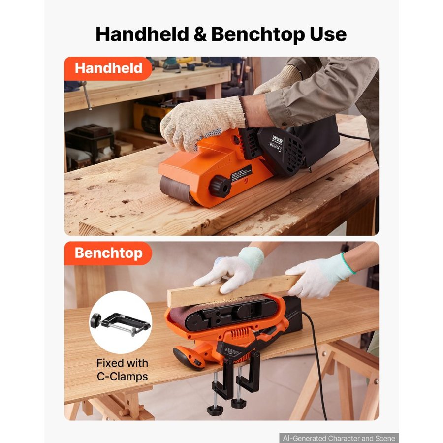 VEVOR 750W Belt Sander 7.6 x 53.3 cm Woodworking Belt Sander 6 Speeds 630-1200 FPM, 2-in-1 Handheld & Benchtop Sanding Machine with 2 Dust Bags, 10PCS Sanding Belts & 2 Clamps for Woodworking Projects
