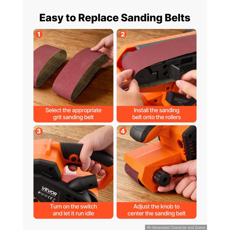 VEVOR 750W Belt Sander 7.6 x 53.3 cm Woodworking Belt Sander 6 Speeds 630-1200 FPM, 2-in-1 Handheld & Benchtop Sanding Machine with 2 Dust Bags, 10PCS Sanding Belts & 2 Clamps for Woodworking Projects