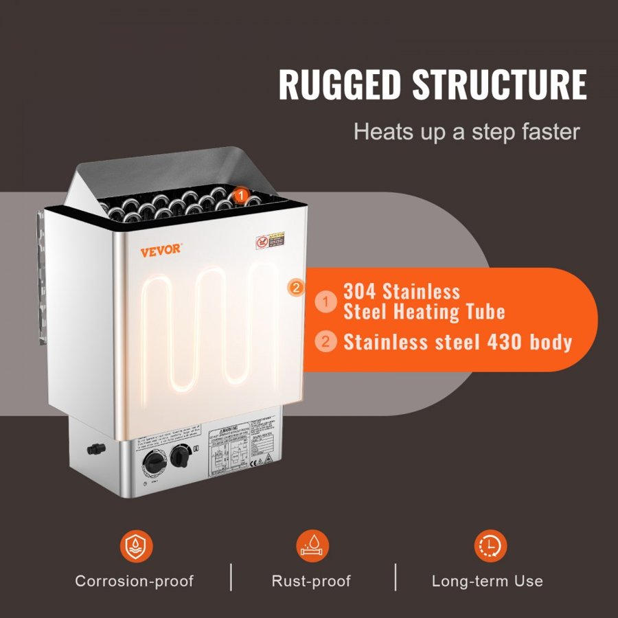 VEVOR Sauna Heater, 8KW Electric Sauna Stove, 400V 3N Portable Indoor/Outdoor Sauna Heater with 3h Timer, Built-In Controls for 8-12 m³ Home, Commercial Hotel Spa Shower, Durable Stainless Steel 430