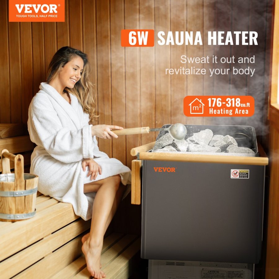 VEVOR Sauna Heater, 6KW Electric Sauna Stove, 400V 3N Portable Indoor/Outdoor Sauna Heater with 3h Timer, Digital Controller for 5-9 m³ Home, Commercial Hotel Spa Shower Use, Max 110℃