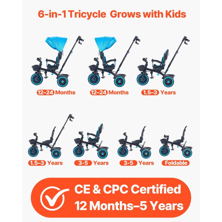 VEVOR Toddler Tricycle Stroller – 6-in-1 Trike, Ages 1–5