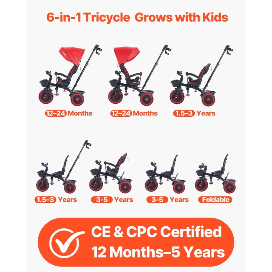 VEVOR Convertible Toddler Tricycle Stroller – 6-in-1, 55 lbs