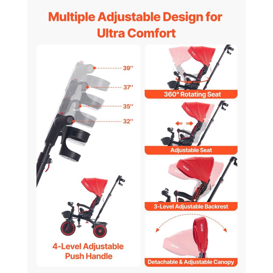 VEVOR Convertible Toddler Tricycle Stroller – 6-in-1, 55 lbs