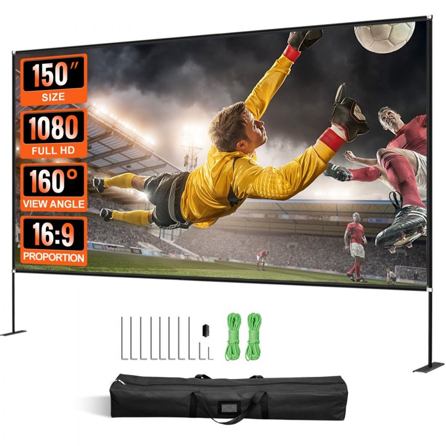 VEVOR Outdoor Movie Screen w/ Stand, 381 cm Portable Movie Screen, 16:9 HD Wide Angle Outdoor Projector Screen, Front & Rear Projection, w/ Storage Bag & Stand for Office Home Theater Outdoor Indoor Use