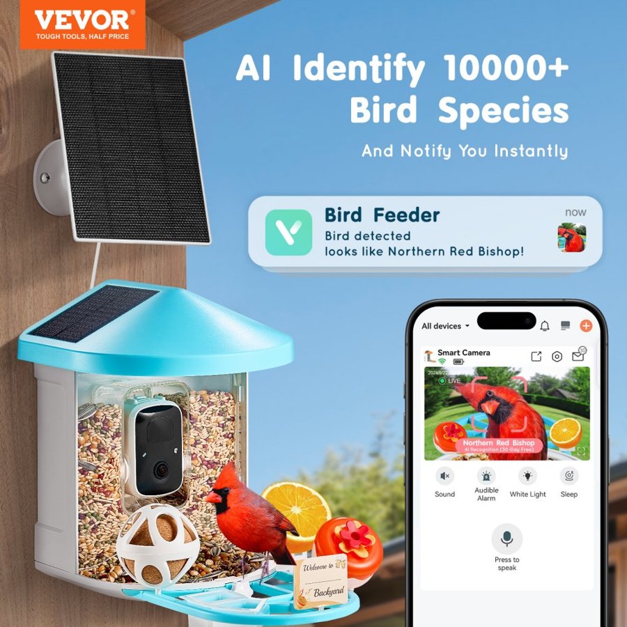 VEVOR AI Bird Feeder With Camera - 2K HD, Solar Powered