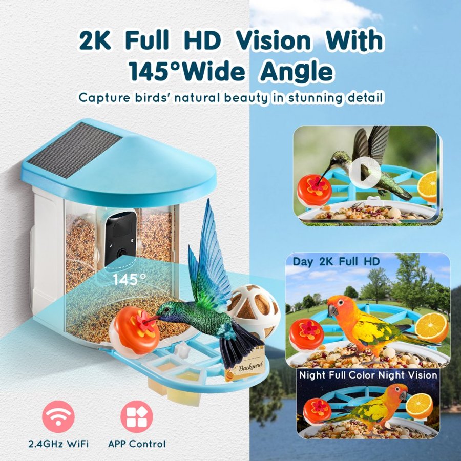 VEVOR AI Bird Feeder With Camera - 2K HD, Solar Powered