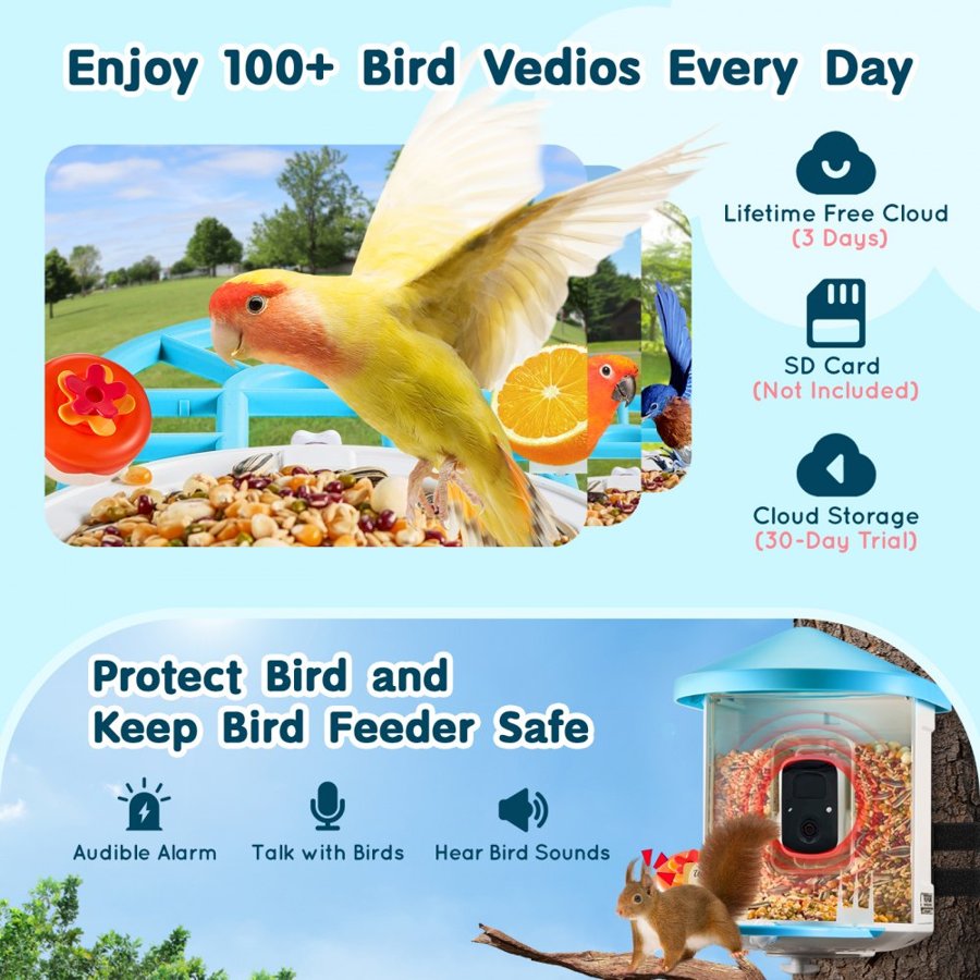VEVOR Smart Bird Feeder with Camera, 2K HD AI Identify 10000+ Bird Species, Solar-Powered Bird Watching Camera with Auto Capture & Instant Notify, Wireless Outdoor Gift for Bird Lover (2 Solar Panels)