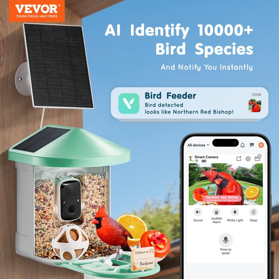 VEVOR AI Smart Bird Feeder with Camera – 2K HD, 3 Panels