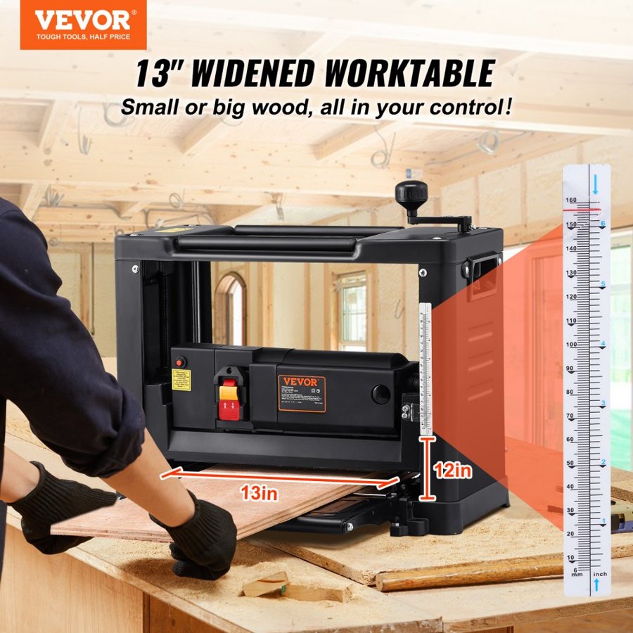 VEVOR Thickness Planer, Single Speed, 33 cm Width Worktable Benchtop Planer, Two-Blade, 15-Amp 1800W Powerful Motor, 30.5 cm Extended Infeeding Table, Low Noise for Both Hard & Soft Wood Material Removal