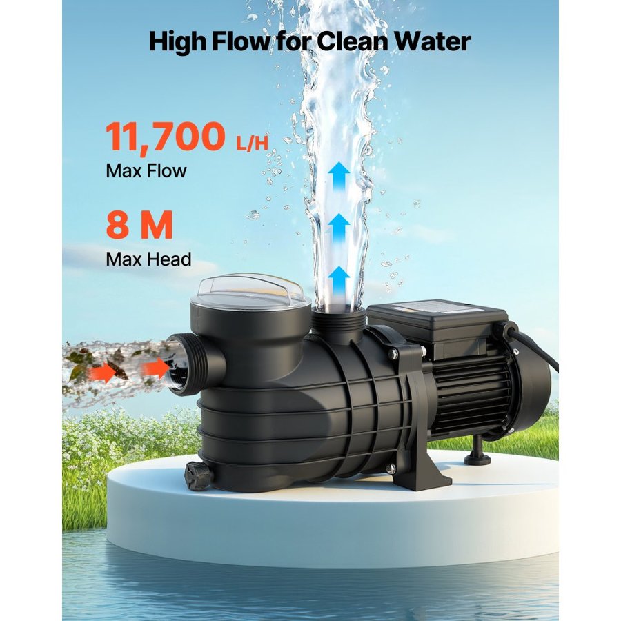 VEVOR Above Ground Pool Pump, 250W, 11,700 L/H Max Flow Single Speed Swimming Pool Pump, AC 220-240V, 2850 RPM, 8 m Max Head Lift, with Filter Basket & Lid, for Above Ground Pools, Hot Tubs, and Spas
