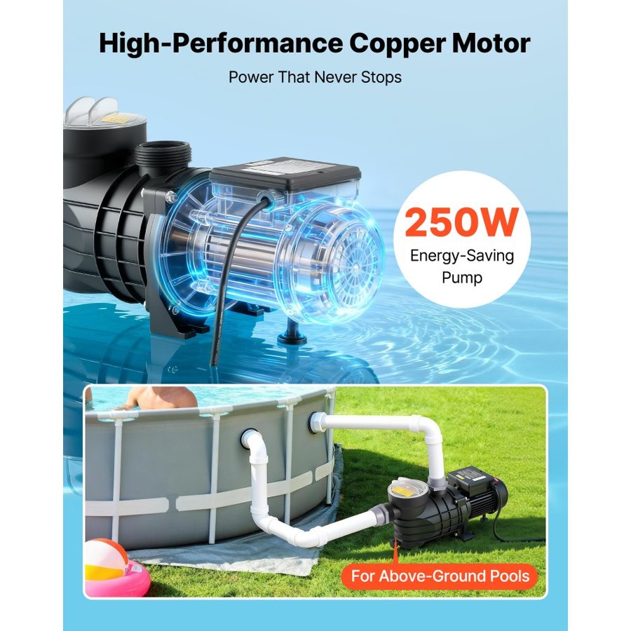 VEVOR Above Ground Pool Pump, 250W, 11,700 L/H Max Flow Single Speed Swimming Pool Pump, AC 220-240V, 2850 RPM, 8 m Max Head Lift, with Filter Basket & Lid, for Above Ground Pools, Hot Tubs, and Spas