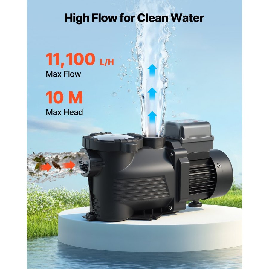 VEVOR Pool Pump, 400W, 11,100 L/H Max Flow Single Speed Swimming Pool Pump, AC 220-240V, 3450 RPM, 10 m Max Head, with 24-Hour Timer & Filter Basket, for Above-Ground & In-Ground Pools, Hot Tubs, Spas