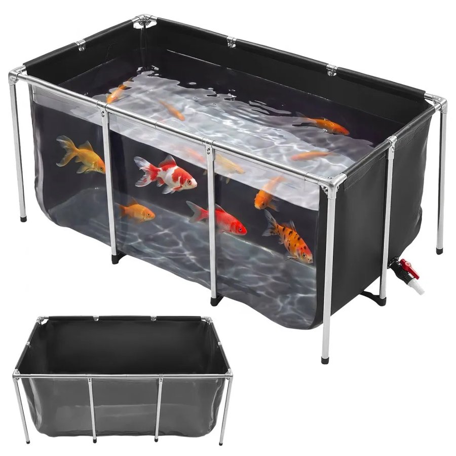 VEVOR Canvas Fish Pond 757 L Above Ground Fish Pond Black PVC Koi Tank, Rectangular Goldfish Tank with Clear Viewing Panel, Stainless Steel Frame and Drain Valve, for Breeding Koi and Irrigation