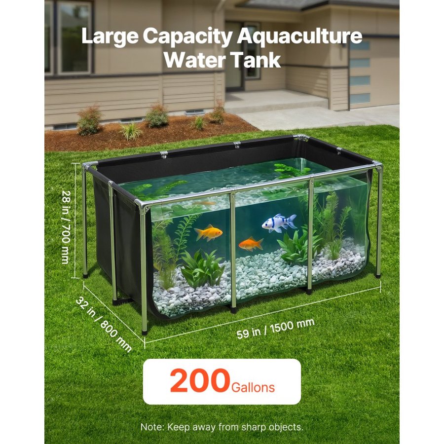 VEVOR Canvas Fish Pond 757 L Above Ground Fish Pond Black PVC Koi Tank, Rectangular Goldfish Tank with Clear Viewing Panel, Stainless Steel Frame and Drain Valve, for Breeding Koi and Irrigation