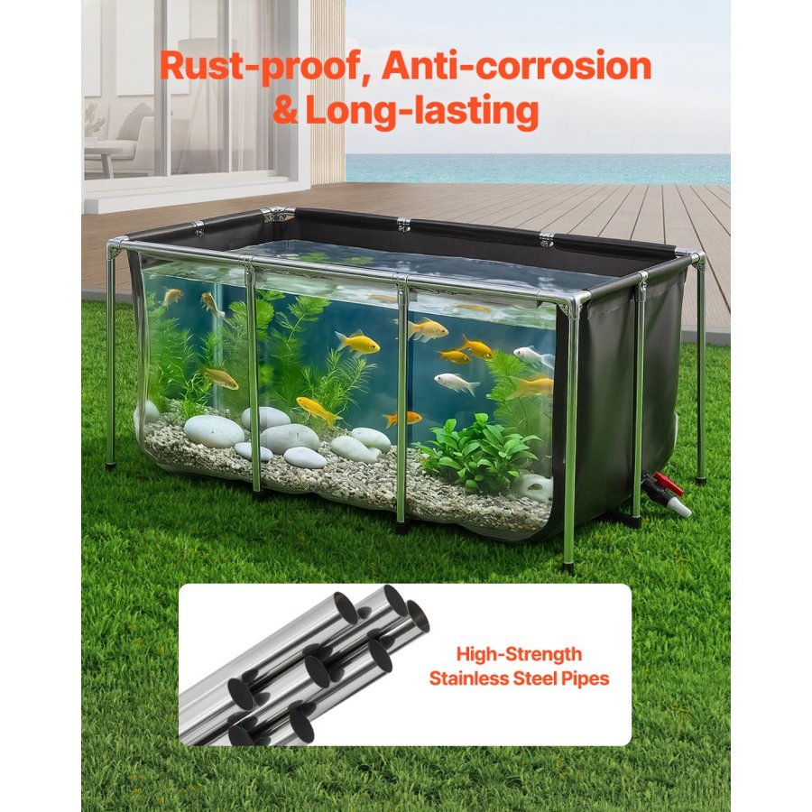 VEVOR Canvas Fish Pond 757 L Above Ground Fish Pond Black PVC Koi Tank, Rectangular Goldfish Tank with Clear Viewing Panel, Stainless Steel Frame and Drain Valve, for Breeding Koi and Irrigation