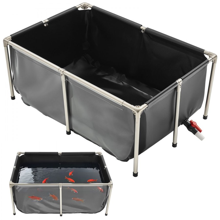 VEVOR Canvas Fish Pond, 126.8 Gal Above Ground Fish Pond, PVC Koi Tank with Clear Viewing Panel, Rectangular Goldfish Tank with Stainless Steel Frame & Drain Valve, for Breeding Koi, Irrigation(Black)