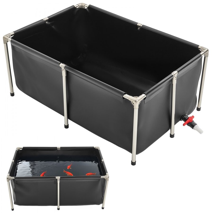 VEVOR Canvas Fish Pond, 126.8 Gal Above Ground Fish Pond, Foldable PVC Koi Tank, Rectangular Goldfish Tank with Stable Frame and Drain Valve, for Aquaculture, Koi Breeding, and Irrigation (Black)