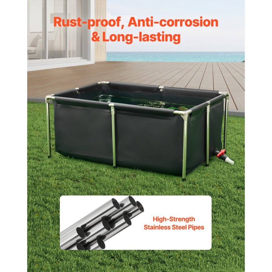 VEVOR Canvas Fish Pond, 126.8 Gal Above Ground Fish Pond, Foldable PVC Koi Tank, Rectangular Goldfish Tank with Stable Frame and Drain Valve, for Aquaculture, Koi Breeding, and Irrigation (Black)