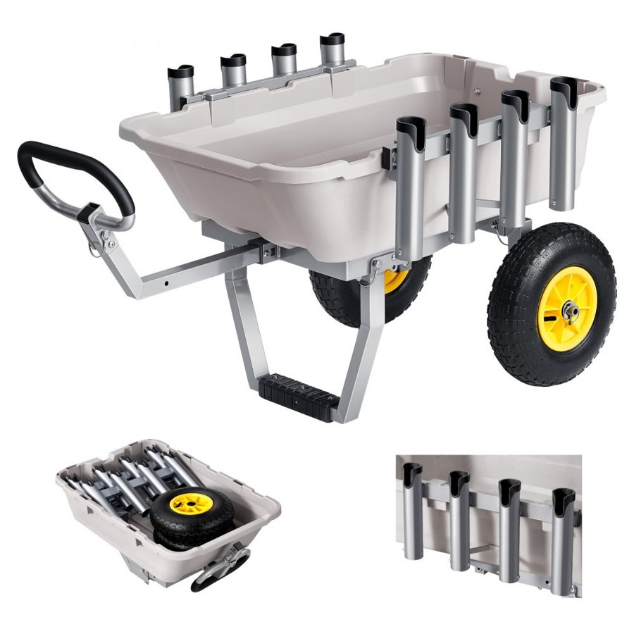VEVOR Beach Fishing Cart, 90.7 kg Load Capacity, Fishing Cart with Poly Bed, Heavy-Duty Aluminum Alloy Frame, 330 mm All-Terrain Tires, 8 Rod Holders, Strap, Easy to Clean, for Outdoor Camping Picnic