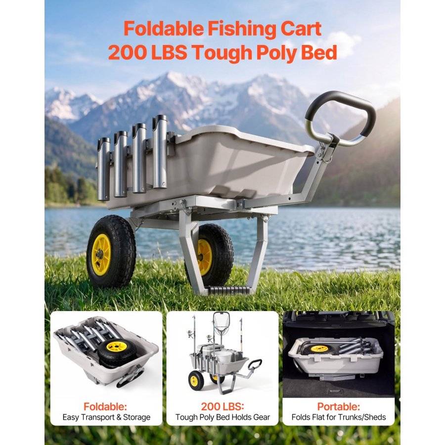 VEVOR Beach Fishing Cart, 90.7 kg Load Capacity, Fishing Cart with Poly Bed, Heavy-Duty Aluminum Alloy Frame, 330 mm All-Terrain Tires, 8 Rod Holders, Strap, Easy to Clean, for Outdoor Camping Picnic