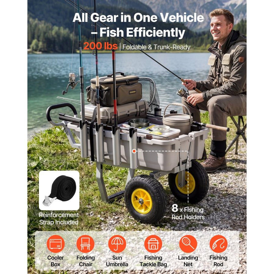 VEVOR Beach Fishing Cart, 90.7 kg Load Capacity, Fishing Cart with Poly Bed, Heavy-Duty Aluminum Alloy Frame, 330 mm All-Terrain Tires, 8 Rod Holders, Strap, Easy to Clean, for Outdoor Camping Picnic