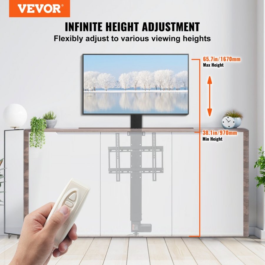 VEVOR Motorized TV Lift Stroke Length 71.1 cm Motorized TV Mount Fit for 66–144.8 cm TV Lift with Remote Control Height Adjustable 71.1 cm Load Capacity 59.9 kg