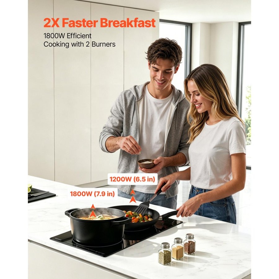 VEVOR Electric Cooktop 30cm 2 Burners Portable Stove Top 3000W 220V, Ceramic Countertop/Built-in Radiant Electric Stove, with 9 Power Levels, Timer, Child Lock, Over-Heat Guard, Touch Control