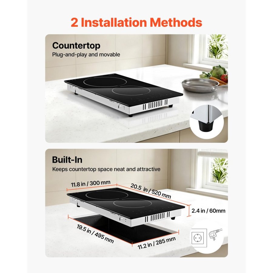 VEVOR Electric Cooktop 30cm 2 Burners Portable Stove Top 3000W 220V, Ceramic Countertop/Built-in Radiant Electric Stove, with 9 Power Levels, Timer, Child Lock, Over-Heat Guard, Touch Control
