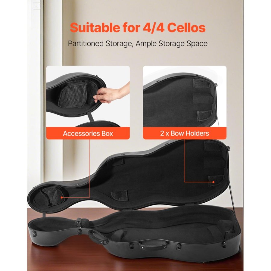 VEVOR 4/4 Full Size Cello Case, Composite Carbon Fiber, Lightweight Portable Travel Carrying Bag, with Plush Lining, Dual Shoulder Straps, Anti-Scratch, Professional Cello-Shape, for Cello, Black