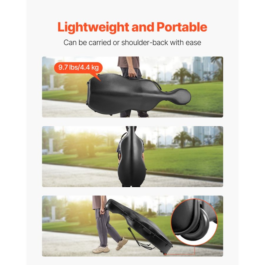 VEVOR 4/4 Full Size Cello Case, Composite Carbon Fiber, Lightweight Portable Travel Carrying Bag, with Plush Lining, Dual Shoulder Straps, Anti-Scratch, Professional Cello-Shape, for Cello, Black